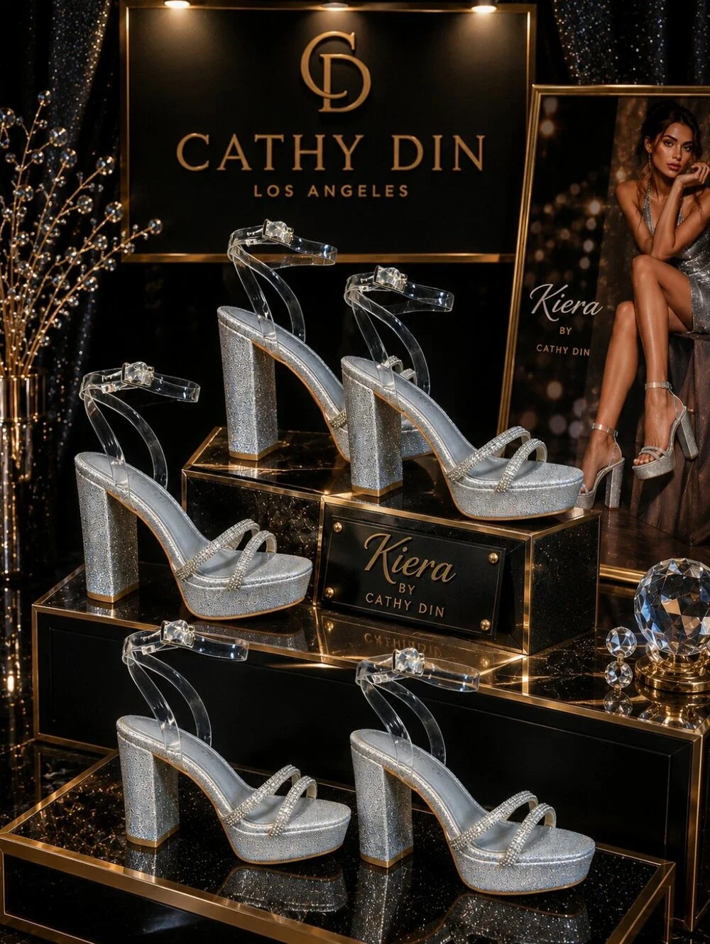 Cathy Din “Kiera” Silver Rhinestone Platform Heels – Size 8 – NIB